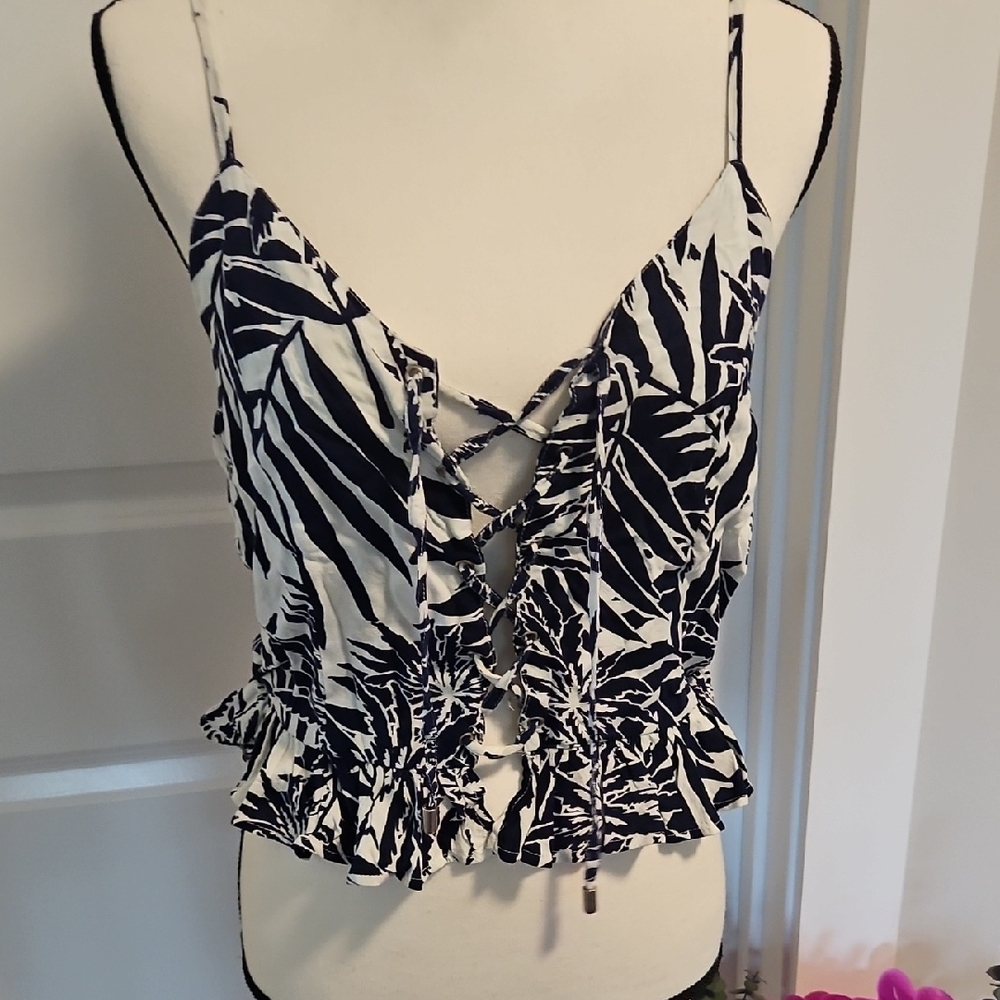 Blue Island Navy and Cream Leaf Print 2 Piece Set - Picture 3 of 14